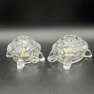 Lenox Fine Crystal Turtle Salt & Pepper Shakers Czech 3" Green Rhinestone Eyes
